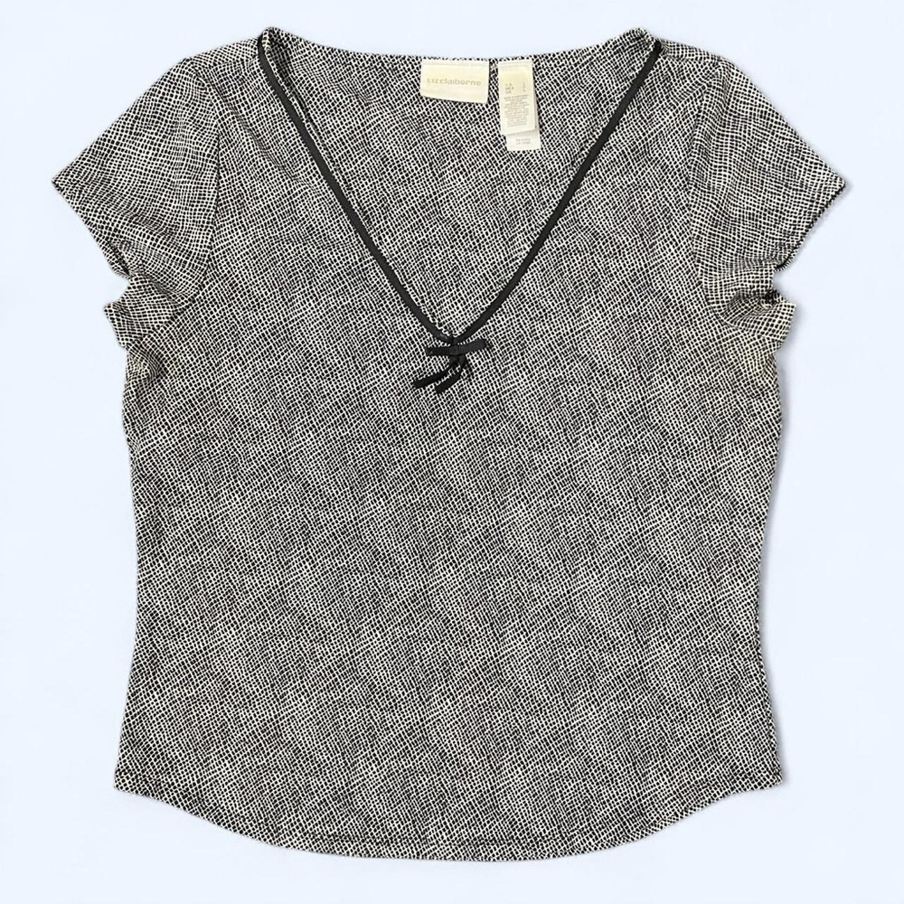 Vintage Liz Claiborne Short Sleeve Top Black White Bow V-Neck Large Y2K 90s